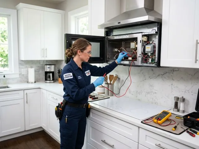 Appliance Repair Hero technician testing an over-the-range microwave in a Andale, KS kitchen